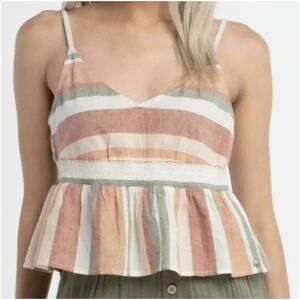 Roxy pink and white striped Linen Cotton Peplum tank top Festival Boho XL